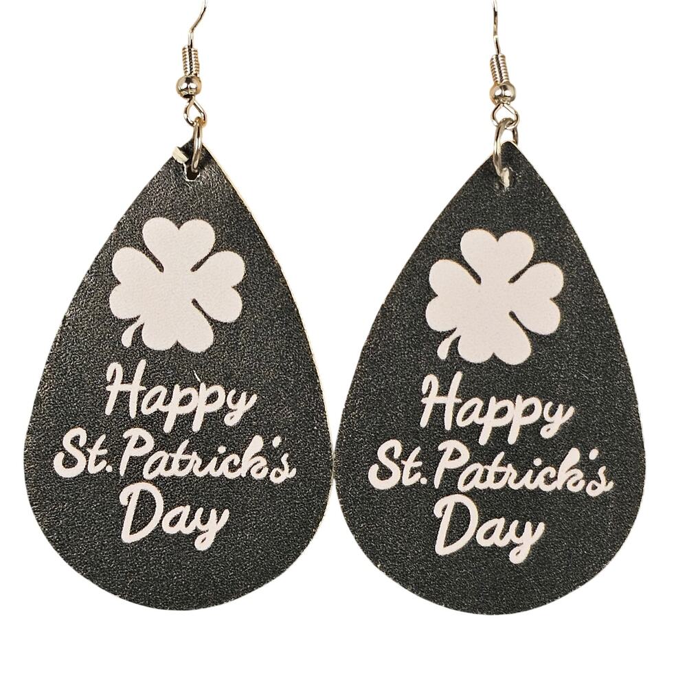 New Happy St Patrick’s Day Shamrock Teardrop Dangle Earrings Dark Green  2.5"